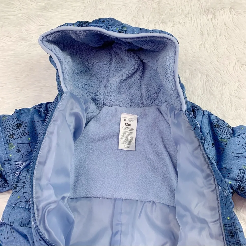 Carter's baby printed snowsuits one piece hooded fleece lining in‎ blue